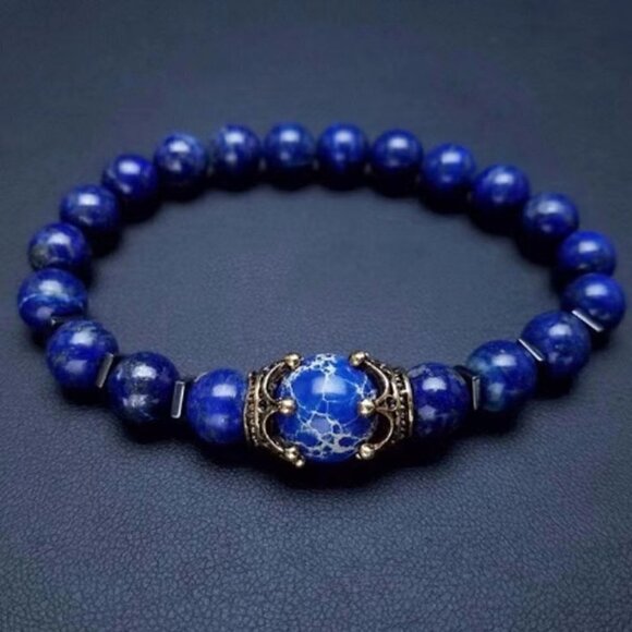Lapis Lazuli and Imperial Stone Bead Antique Crown Bracelet - Picture 4 of 5